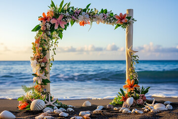 Wedding arch on a beach, decorated with tropical flowers, seashells, and starfish, with the ocean in the background