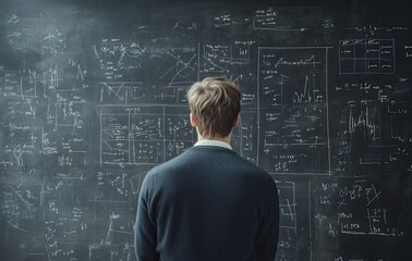 Man contemplates complex equations and graphs on a large chalkboard.