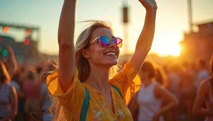 Happy young woman enjoys summer music festival at sunset. Blonde girl with sunglasses smiles, raises hands. Joyful crowd, lights in background. Entertainment, vacation, music concert vibes.