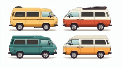 Four retro camper vans in yellow, orange, teal, and cream colors, shown in profile view.