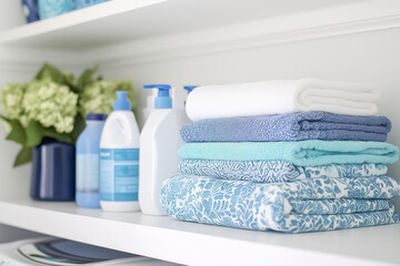 Well-organized laundry room with shelves full of detergents, fabric softeners, and neatly folded towels next to a washing machine
