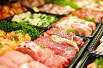 Well-stocked meat section in a supermarket, with various cuts of beef, pork, chicken, and lamb displayed neatly