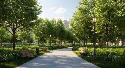 Green Urban Park with City Buildings in the Background on a Sunny Afternoon