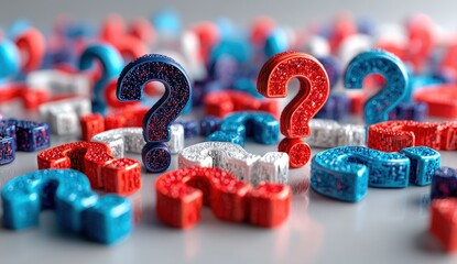 Colorful glittering question marks on a reflective surface.