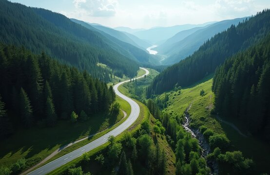 Aerial view of winding asphalt road through green mountains. Scenic route curves through forest, along river valley, trees. Serene countryside landscape travel. Sunny day. Tour, drive, transport,