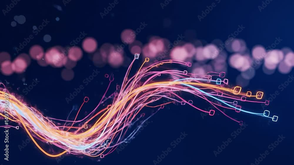 Poster dynamic flow of colorful light trails against a dark background with bokeh effects