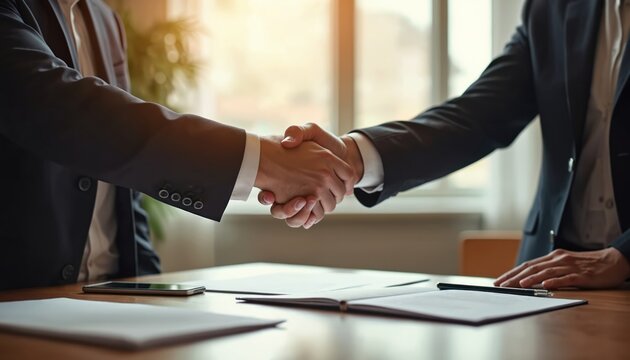 Two men in suits shake hands over documents, business meeting concept. Agreement, deal concluded. Office interior with documents, pen, smartphone. Successful partnership. Businessmen celebrate.