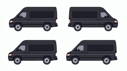 Fototapeta premium Four views of a black van, showcasing side and rear profiles.