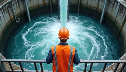 Water treatment plant worker monitors wastewater flowing into basin. Engineer in orange helmet, vest observes water purification process. Environmental tech, industry infrastructure, resource
