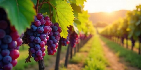 Sun-drenched rows of ripe, purple grapes hanging heavy on the vine, ready for harvest  A beautiful autumnal scene in a picturesque vineyard  ,  vibrant,  vineyard rows