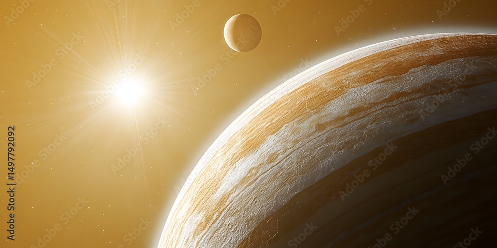 Wall mural a view of a planet with bands and a moon in the distance with a bright light shining in the sky