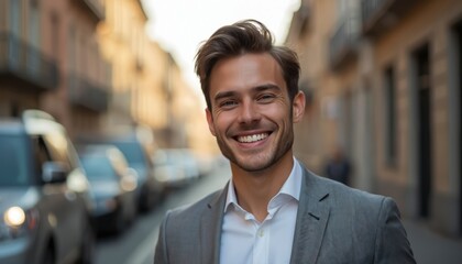 Fototapeta premium Young businessman wears grey suit and white shirt. Happy guy smiling in city street. Confident, stylish professional. Person enjoys work, happy lifestyle. Man in business, career, success.