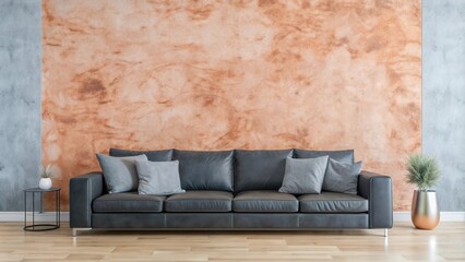 Obraz premium Modern Minimalist Living Room with a Leather Sofa, Neutral Color Palette, and a Textured Wall