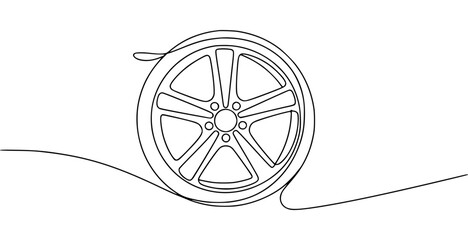 Single continuous line art of car wheel rim