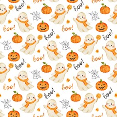 Fototapeta premium Seamless watercolor pattern with cute ghosts, candies, pumpkins and spider web. Halloween background with adorable characters. Great for holiday wrapping, cards, posters, fabric print.