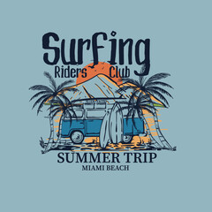 Surfing Riders Club Summer Trip Miami beach vector graphic t shirt design