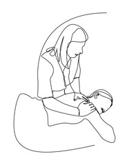 Continuous single line drawing of a massage therapist giving a relaxing treatment to a client lying down. health services, spa, body therapy, self care, and relaxation.