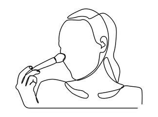 Minimalist continuous line art of a woman using makeup brush, Simple and elegant beauty illustration depicting skin care, makeup routine etc.