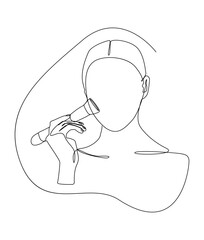 Continuous single line art of a woman applying makeup using a cosmetic brush. Elegant illustration of beauty, self care, cosmetics etc.