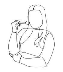 Minimalist single line drawing of a woman applying makeup with a cosmetic brush. Simple and elegant design depicting beauty, self care, cosmetics etc.