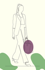 Minimalist single line drawing of a fashionable woman in business attire walking while carrying a handbag. fashion brand, lifestyle blog, magazine layout or social media graphic