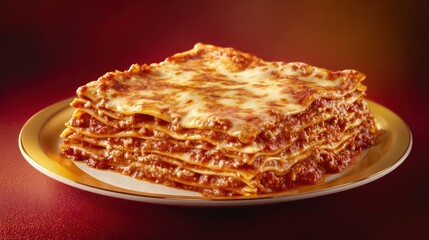 Stacked lasagna on a gold plate with red background, tempting dish.