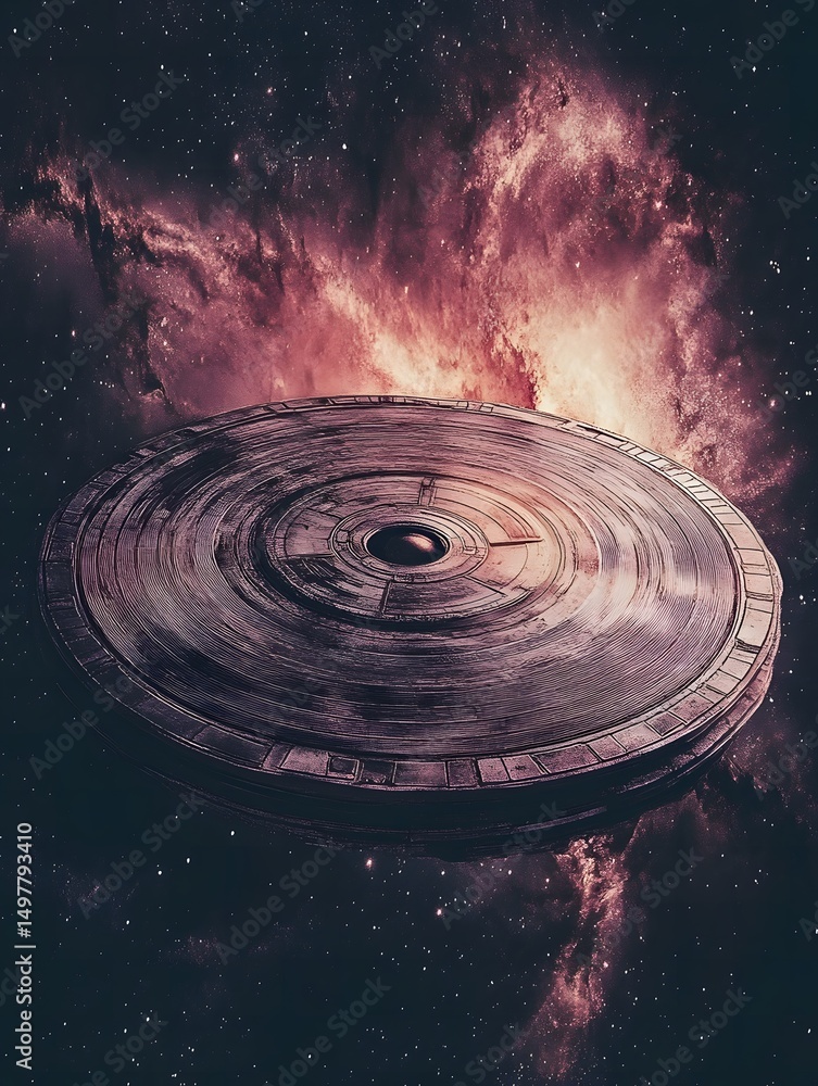 Wall mural a ufo hovering in space against a backdrop of a nebula with stars and a dark cosmic atmosphere