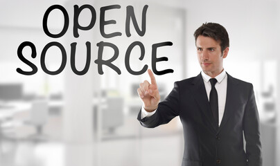 Businessman touch a transparent screen with 