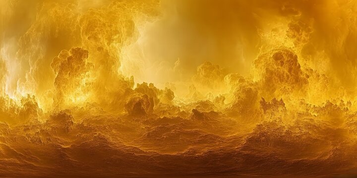A panoramic view of golden clouds with a fiery glow resembling a stormy and ethereal landscape