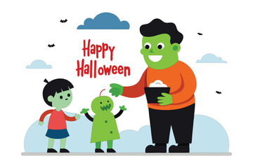 Smiling Frankenstein Giving Candy to Kids Under Spooky Sky – Fun Halloween Art on White Background