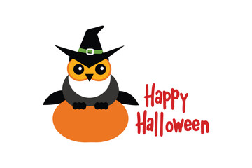 Owl in Wizard Hat Sitting on Pumpkin with Magical Halloween Background – Whimsical Art on White Background