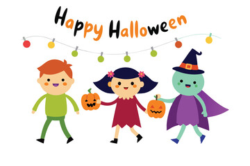 Kids in Halloween Costumes Trick-or-Treating Under Fairy Lights – Festive Art on White Background