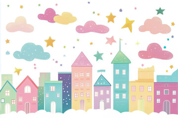 A charming pastel-colored cartoon city scene with fluffy clouds and twinkling stars in the sky, illustrated with playful, whimsical details in a charming children's book style.