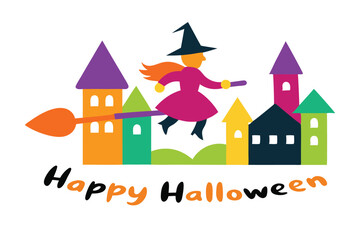 Flying Witch on Broomstick Over Decorated Town &ndash; Colorful Halloween Art on White Background