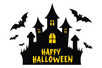 Haunted House Silhouette with Flying Bats and Glowing 
