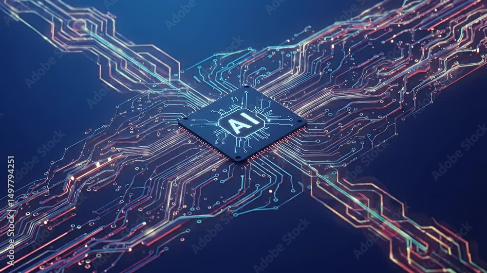 Poster futuristic microchip surrounded by glowing circuitry on dark background