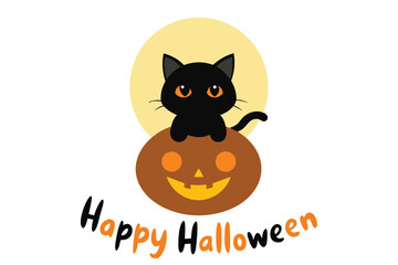 Black Cat on Glowing Jack-o’-Lantern Under Full Moon – Halloween Art on White Background