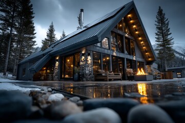 A-frame chalet nestled in a snowy forest with solar panels on the roof