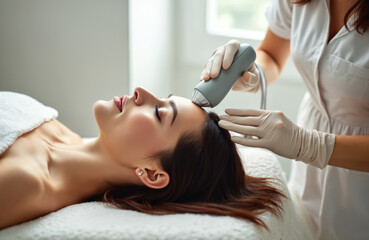 Fototapeta premium Cosmetologist conducts microneedle RF lifting procedure for brunette woman in beauty salon. Skin rejuvenation therapy, anti-aging treatment. Modern cosmetology, facial treatment using pro equipment.