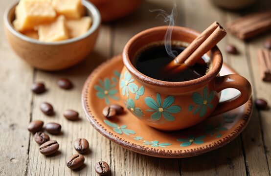 Authentic Mexican cafe de olla served in handmade clay mug with cinnamon sticks. Traditional hot drink with coffee beans on rustic wooden table. Delicious beverage, perfect for menu design.