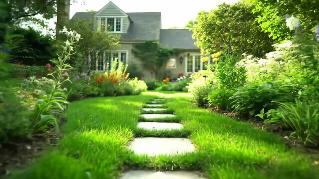 Walking Stepping Stones Path Lush Garden Leading to House Exterior Summer Day