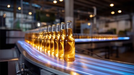 Beer bottling line in action, conveyor with cold bottles, factory vibe