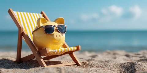 Yellow piggy bank wearing sunglasses relaxes on beach chair, symbolizing saving for summer vacation or financial security