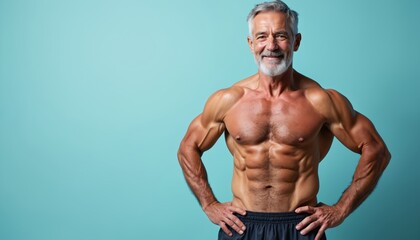Fototapeta premium Smiling grey-haired senior man shows off muscular physique. Elderly bodybuilder posing in front of blue pastel background. Athletic mature man demonstrates six-pack abs. Healthy lifestyle active