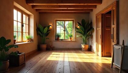 Obraz premium Warm, inviting interior with exposed wooden beams and rich wood flooring Natural light streams through a nearby window, highlighting the wood grain textures , eco-friendly, warm, woodwork