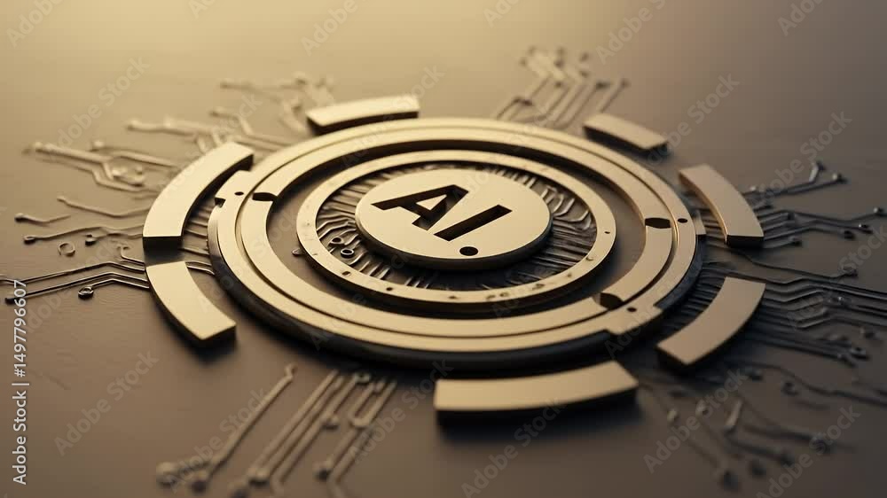 Poster golden ai circuit design on dark background with intricate patterns and soft lighting