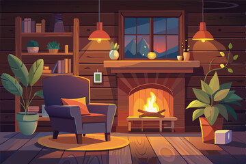 Cozy Cabin Living Room with Fireplace and Mountain View