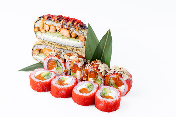 Colorful Sushi Roll and Onigirazu Stack with Salmon and Almonds on White Background