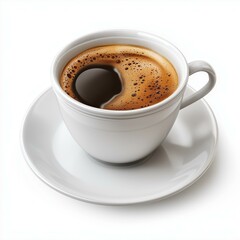 Obraz premium A steaming cup of black coffee on a white saucer, perfect for a morning boost.