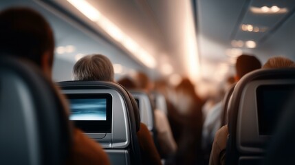 Passengers seated on an airplane, enjoying in-flight entertainment during travel.